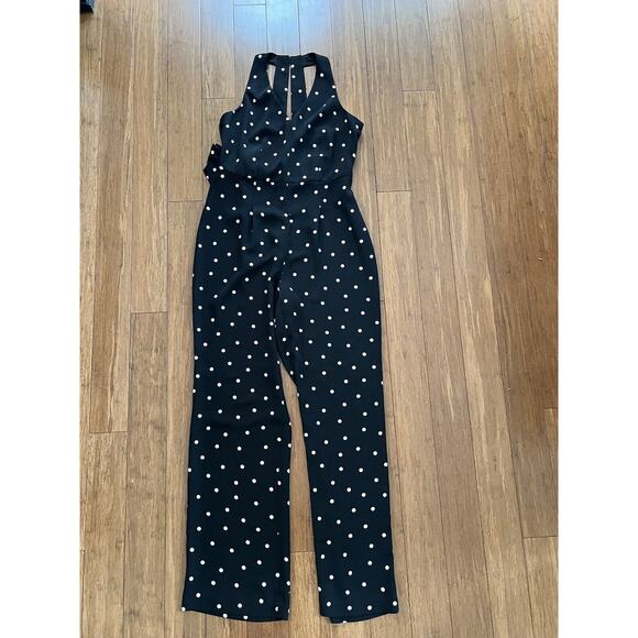 Ann Taylor Black With Tan Polka Dots Racer Back Jumpsuit Size 4 - Picture 1 of 8